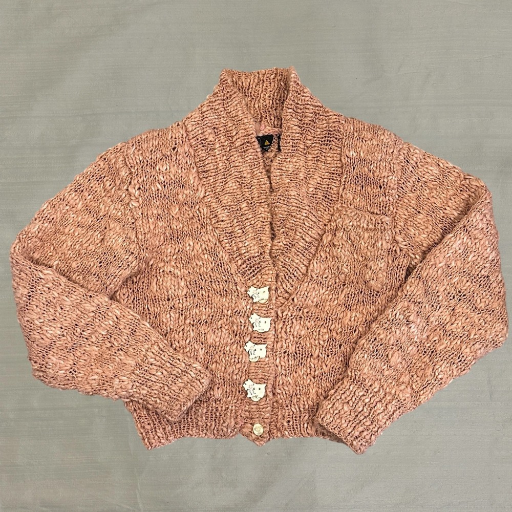 VTG 90s Liz Claiborne Coral Pink Chunky Knit Cardigan SCOTTIE DOG Buttons Small